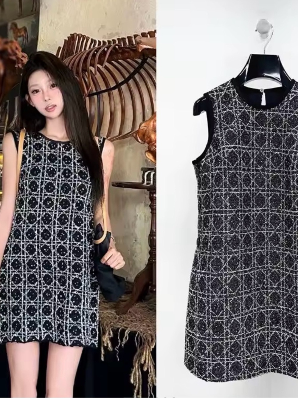 Autumn New Check Jacquard Tweed Dress Korean Women’s O Neck A-Line Mini Size S